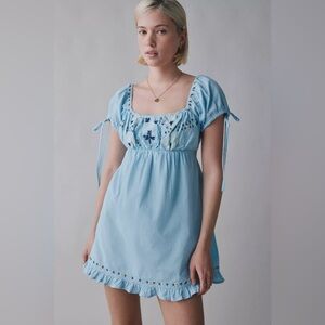 UO Kimchi Blue Marcella Embroidered Tie-Back Babydoll Mini Dress